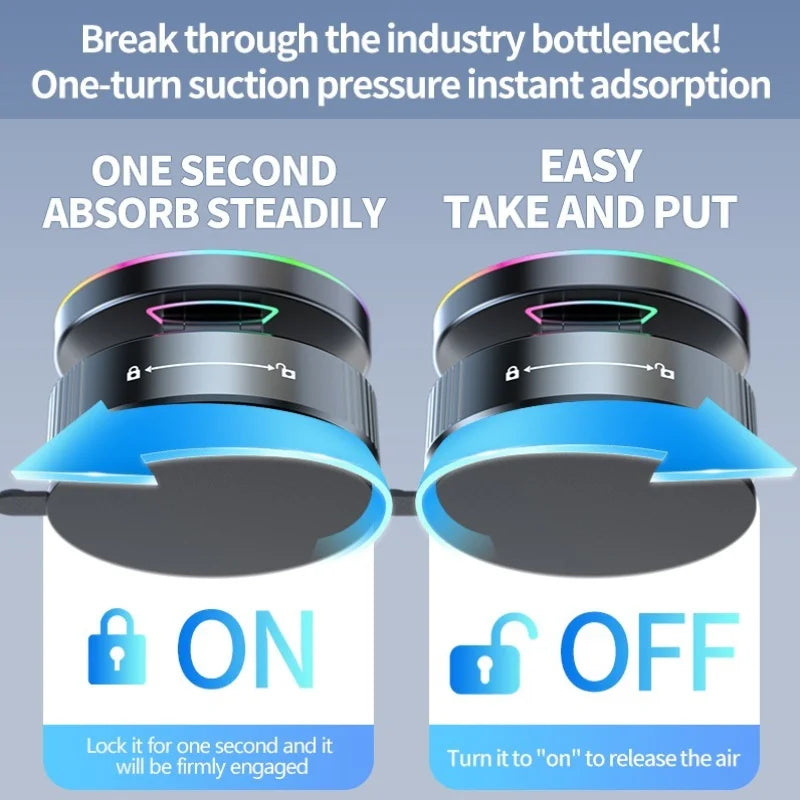 VibeAuto™ RGB Magnetic Car Mount – 15W Wireless Fast Charger & 360° Rotating Vacuum Suction