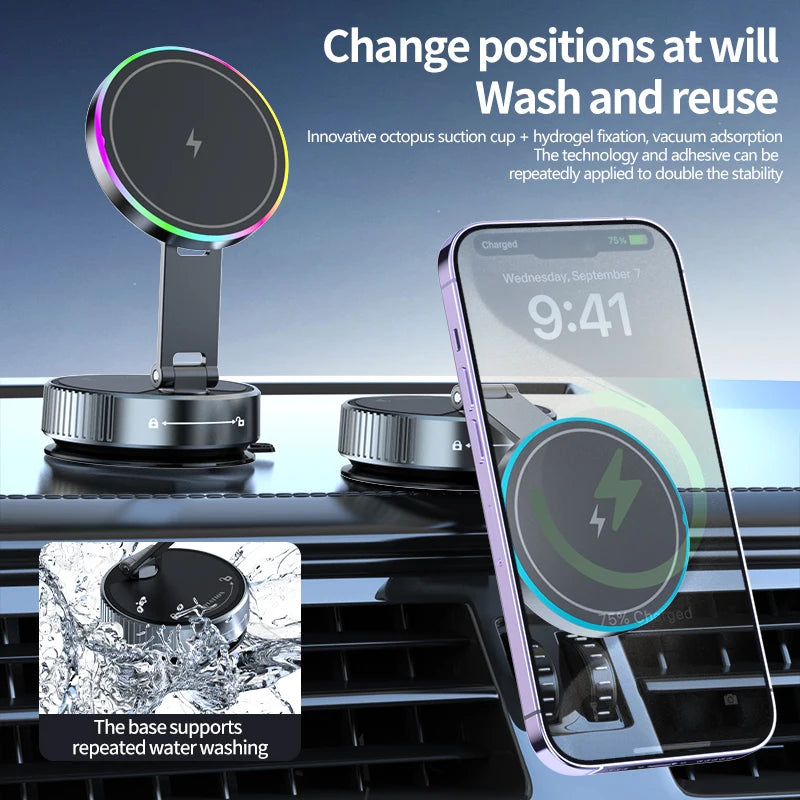 VibeAuto™ RGB Magnetic Car Mount – 15W Wireless Fast Charger & 360° Rotating Vacuum Suction