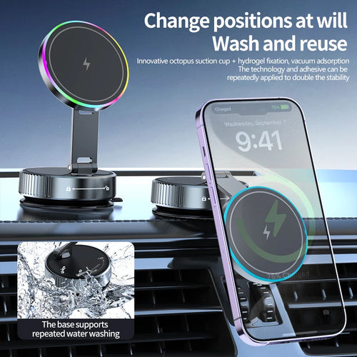 VibeAuto™ RGB Magnetic Car Mount – 15W Wireless Fast Charger & 360° Rotating Vacuum Suction