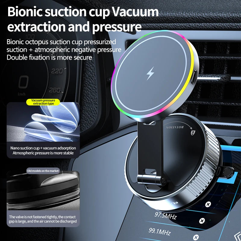 VibeAuto™ RGB Magnetic Car Mount – 15W Wireless Fast Charger & 360° Rotating Vacuum Suction