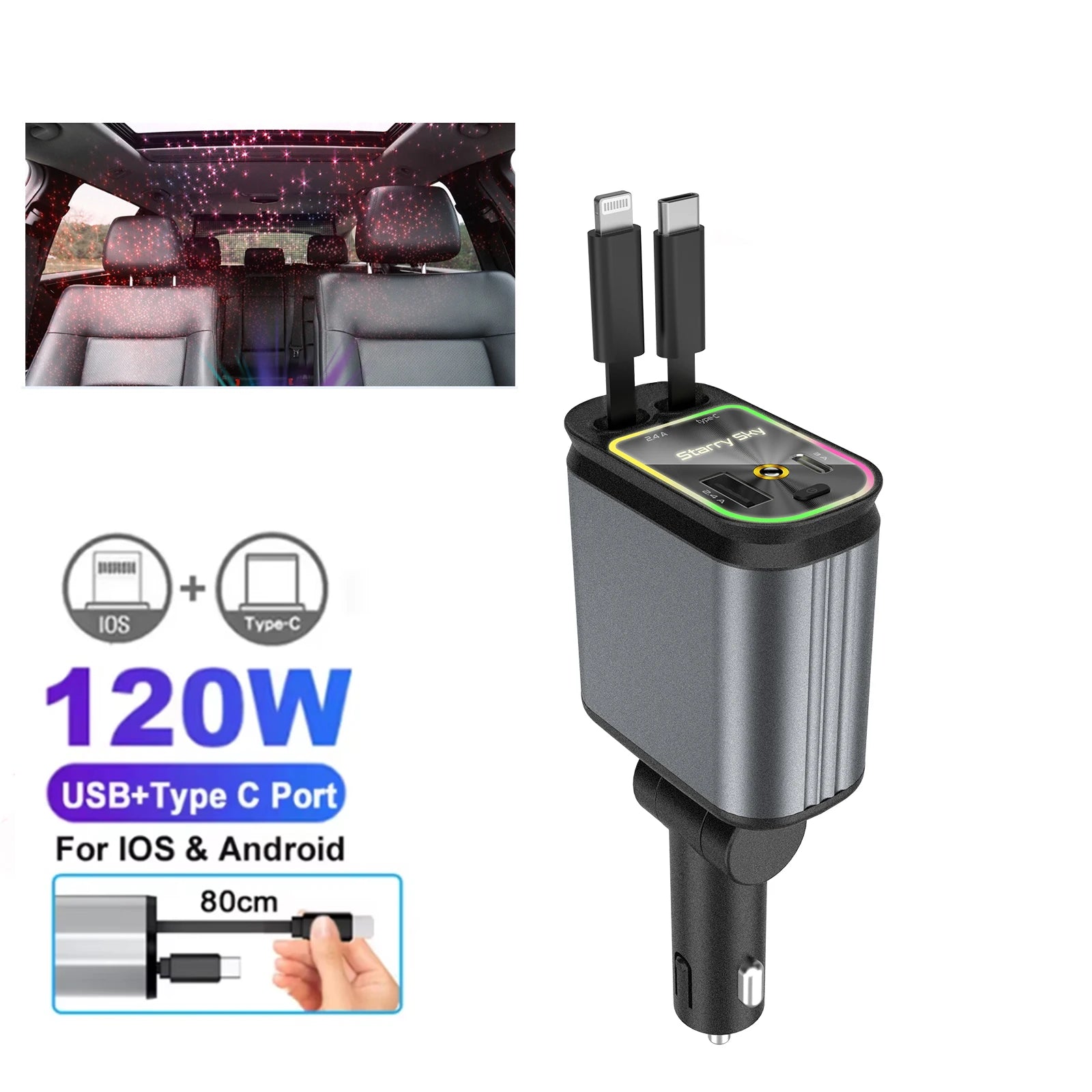 VibeAuto™ 4-in-1 Retractable Fast Car Charger – 100W High Power & Multi-Device Charging