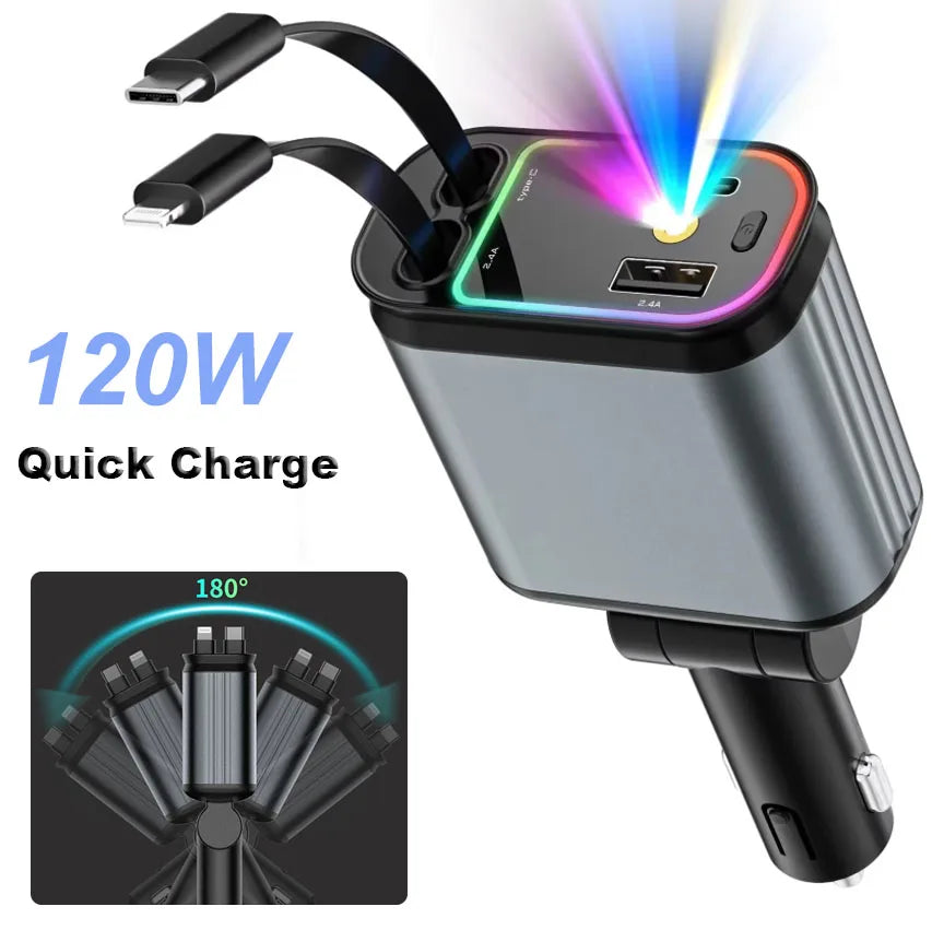 VibeAuto™ 4-in-1 Retractable Fast Car Charger – 100W High Power & Multi-Device Charging