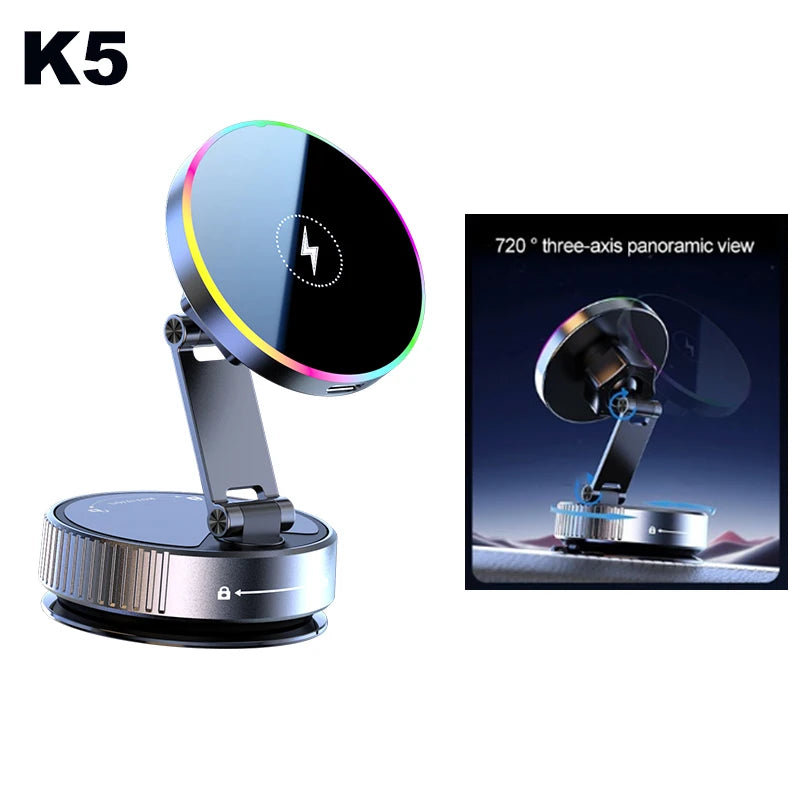 VibeAuto™ RGB Magnetic Car Mount – 15W Wireless Fast Charger & 360° Rotating Vacuum Suction
