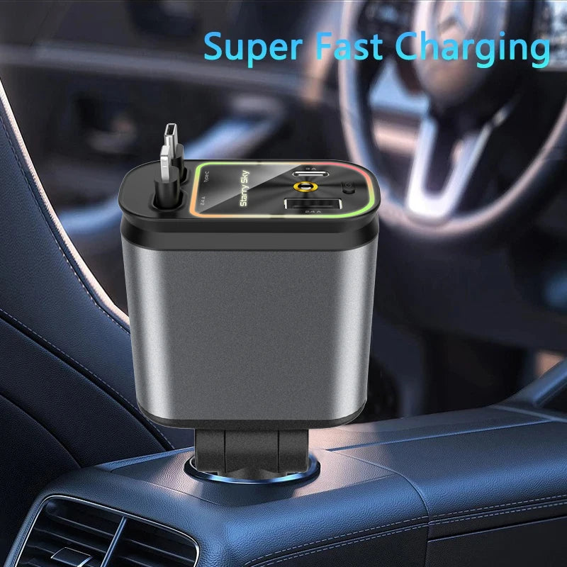 VibeAuto™ 4-in-1 Retractable Fast Car Charger – 100W High Power & Multi-Device Charging